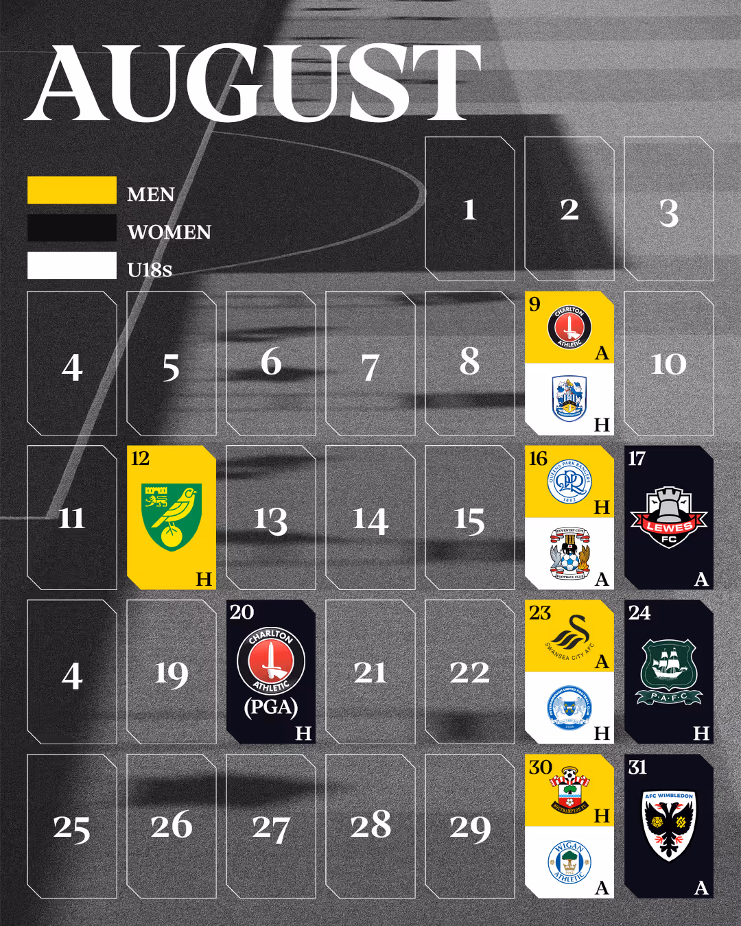 August calendar with highlighted football match days for Watford's men, women, and U18 teams, showing club crests and home or away designations.
