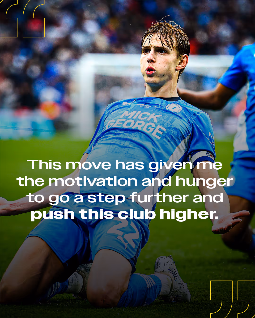 Hector Kyprianou in blue Peterborough kit sliding on knees in celebration, with quote about motivation and pushing the club higher overlaid.