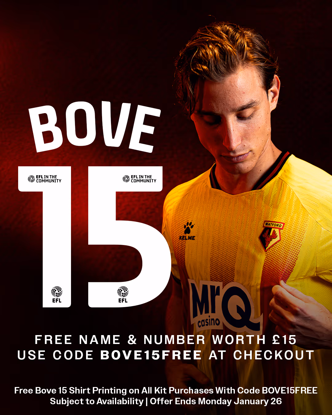 Football player, Edoardo Bove, in yellow Watford jersey showing shirt details with text offering free name and number printing.