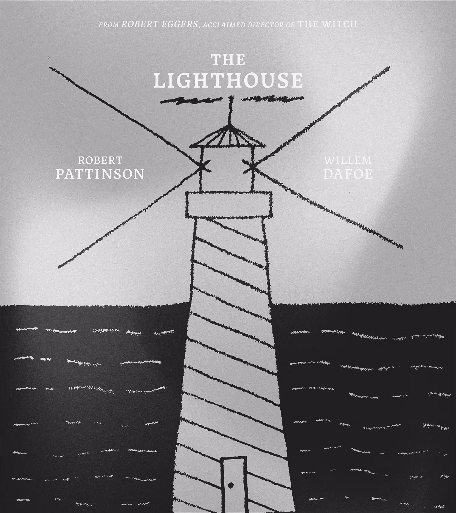 Black and white concept poster for the movie 'The Lighthouse' showing a simple drawing of a lighthouse with diagonal stripes, set against a dark sea and grey sky, featuring the names Robert Pattinson and Willem Dafoe.