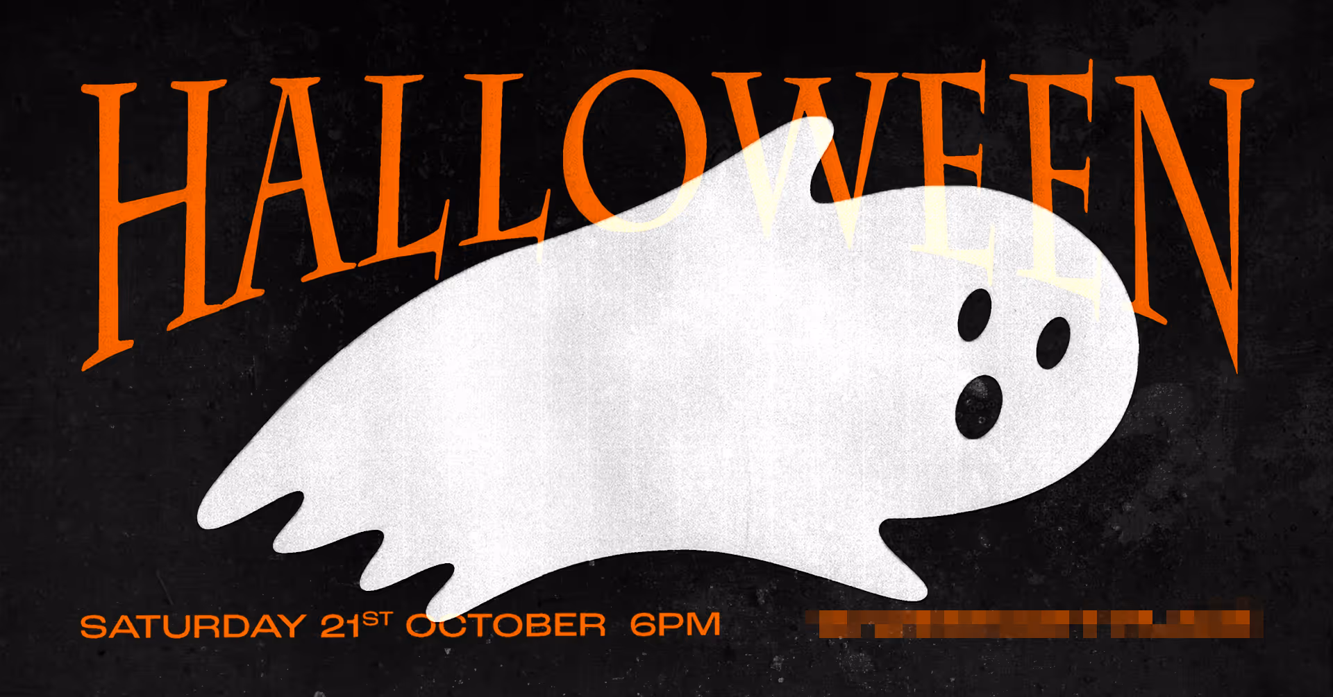 White ghost illustration with surprised expression over large orange text reading Halloween, with event date and time at bottom left.