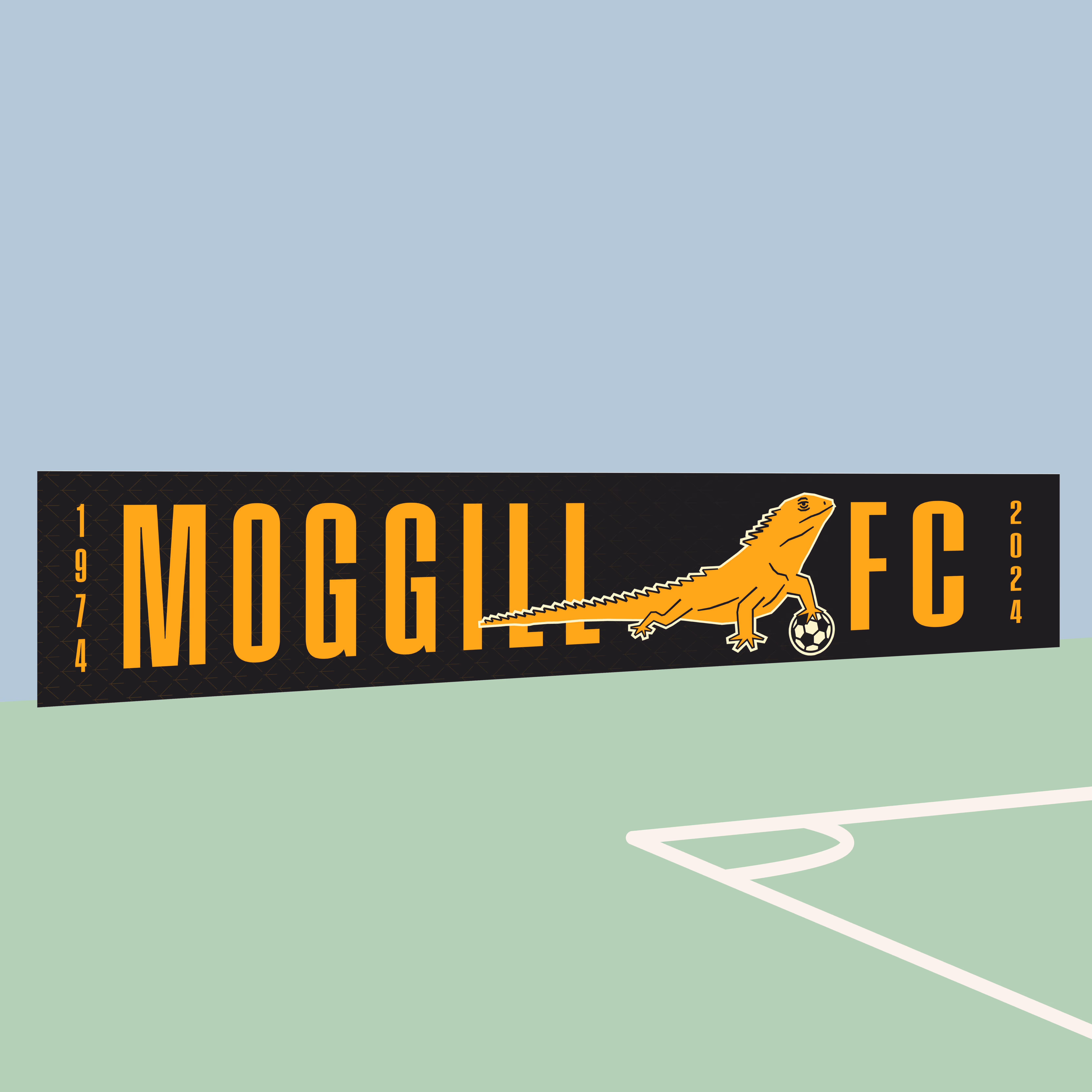 Black and yellow mural reading 'Moggill FC' with a yellow water dragon holding a football and years 1974 and 2024 on either side.