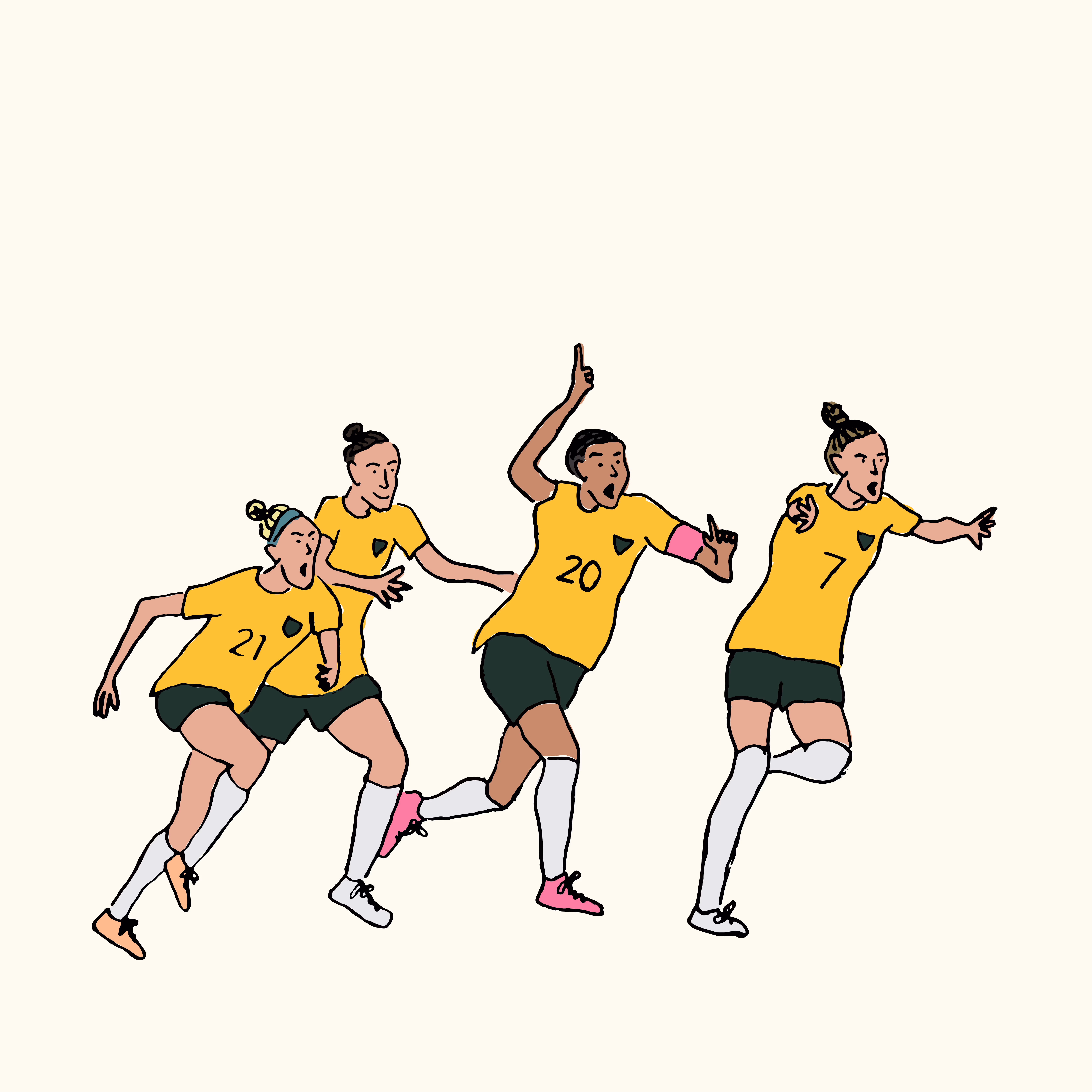 Quentin Blake-inspired Illustration of four Matildas players in yellow jerseys, running and celebrating.