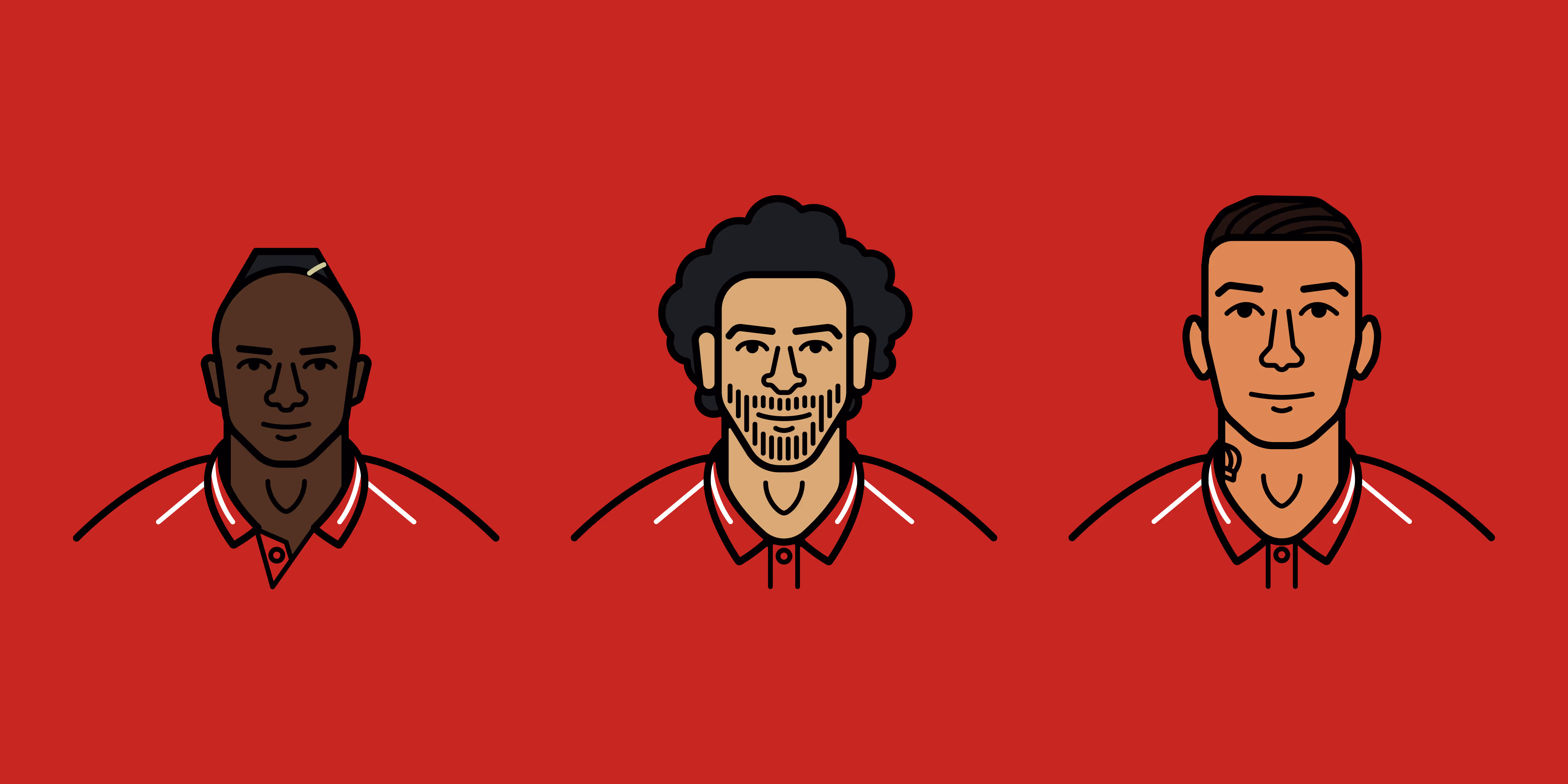 Illustration of Liverpool's front three, Sadio Mané, Mo Salah, and Roberto Firmino, against a red background.