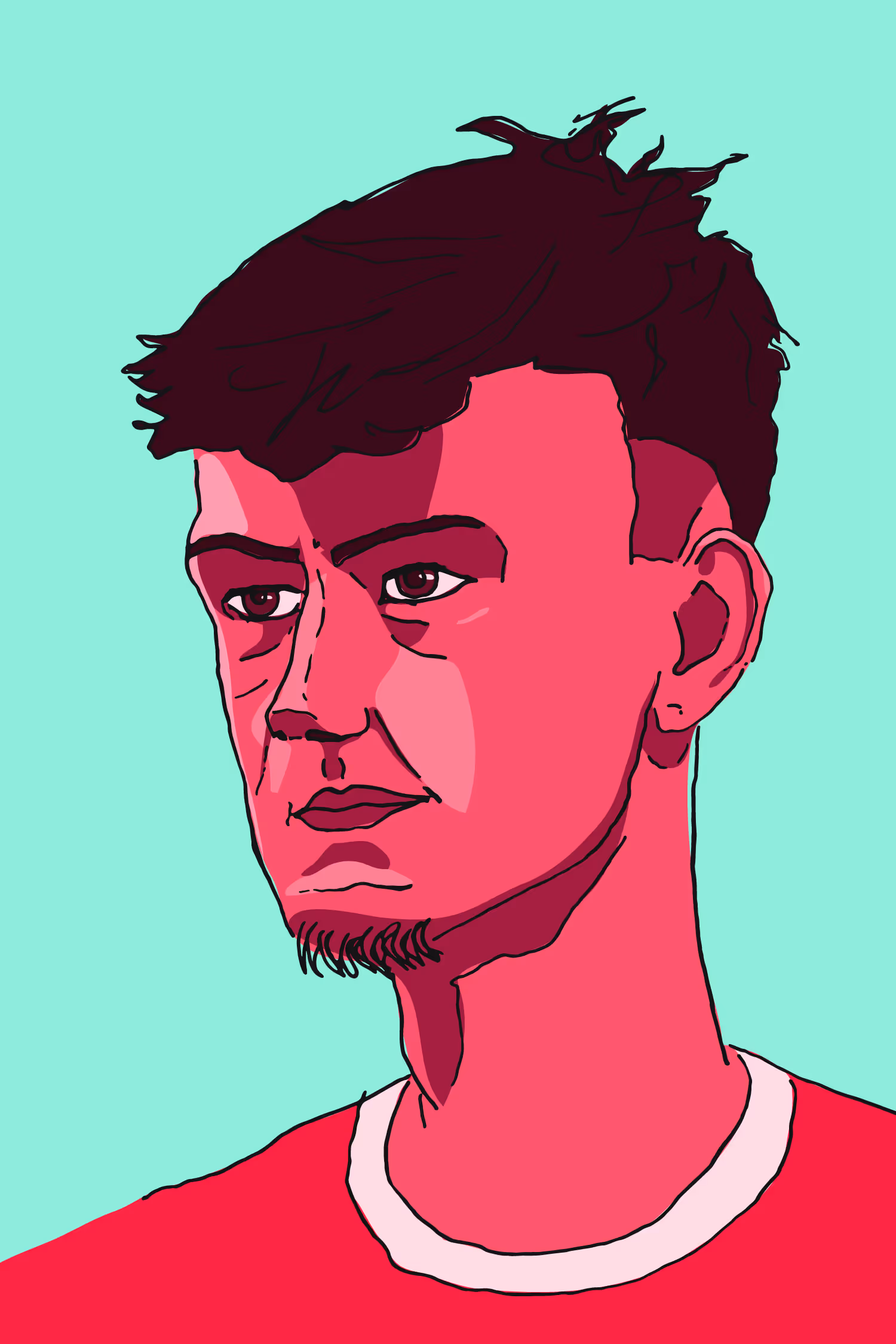 Stylised digital portrait of Liverpool player, Conor Bradley, against a turquoise background.