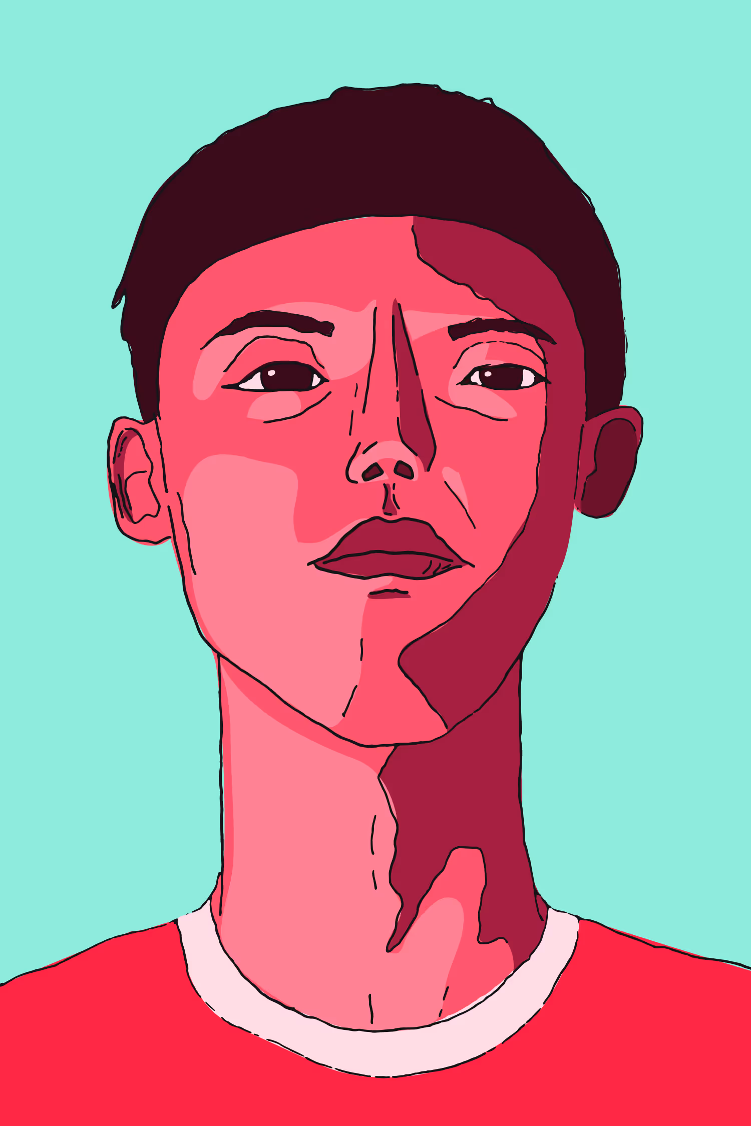 Stylised digital portrait of Liverpool player, Wataru Endo, against a turquoise background.