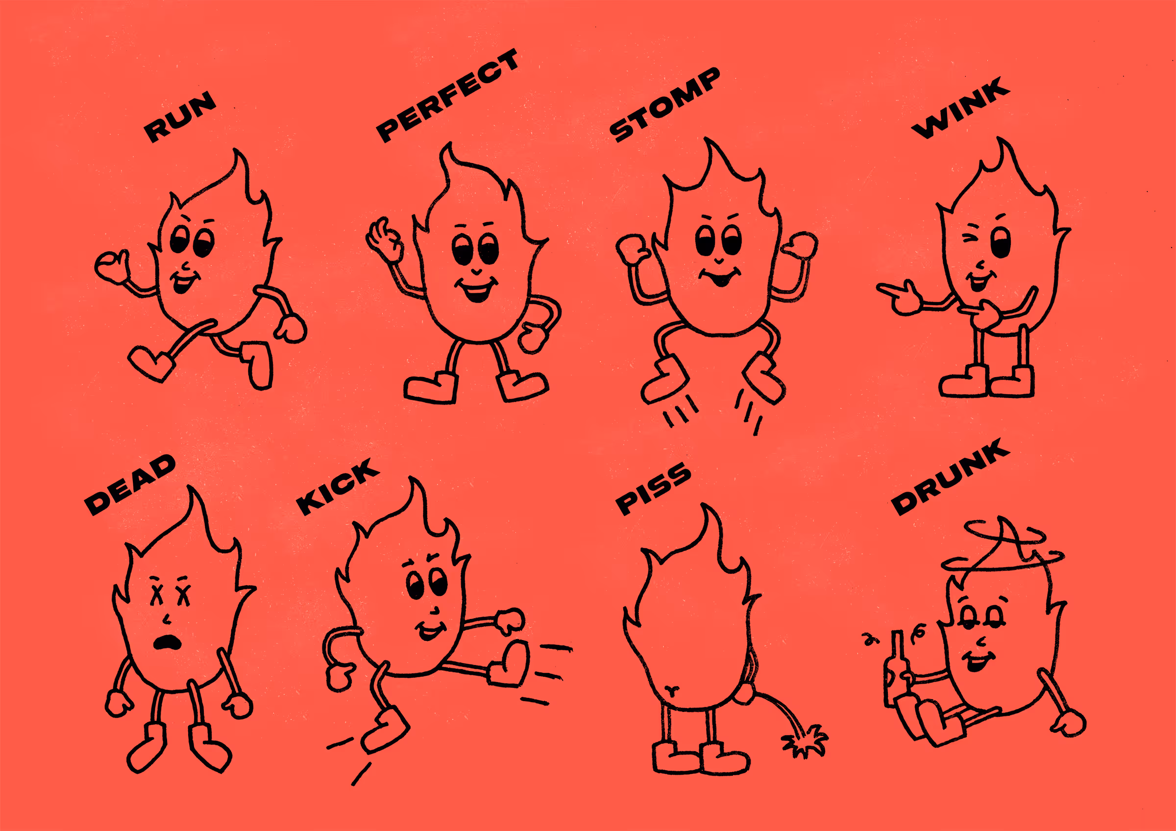 Eight cartoon fireball characters on a red background, each showing different actions labeled: Run, Perfect, Stomp, Wink, Dead, Kick, Piss, and Drunk.