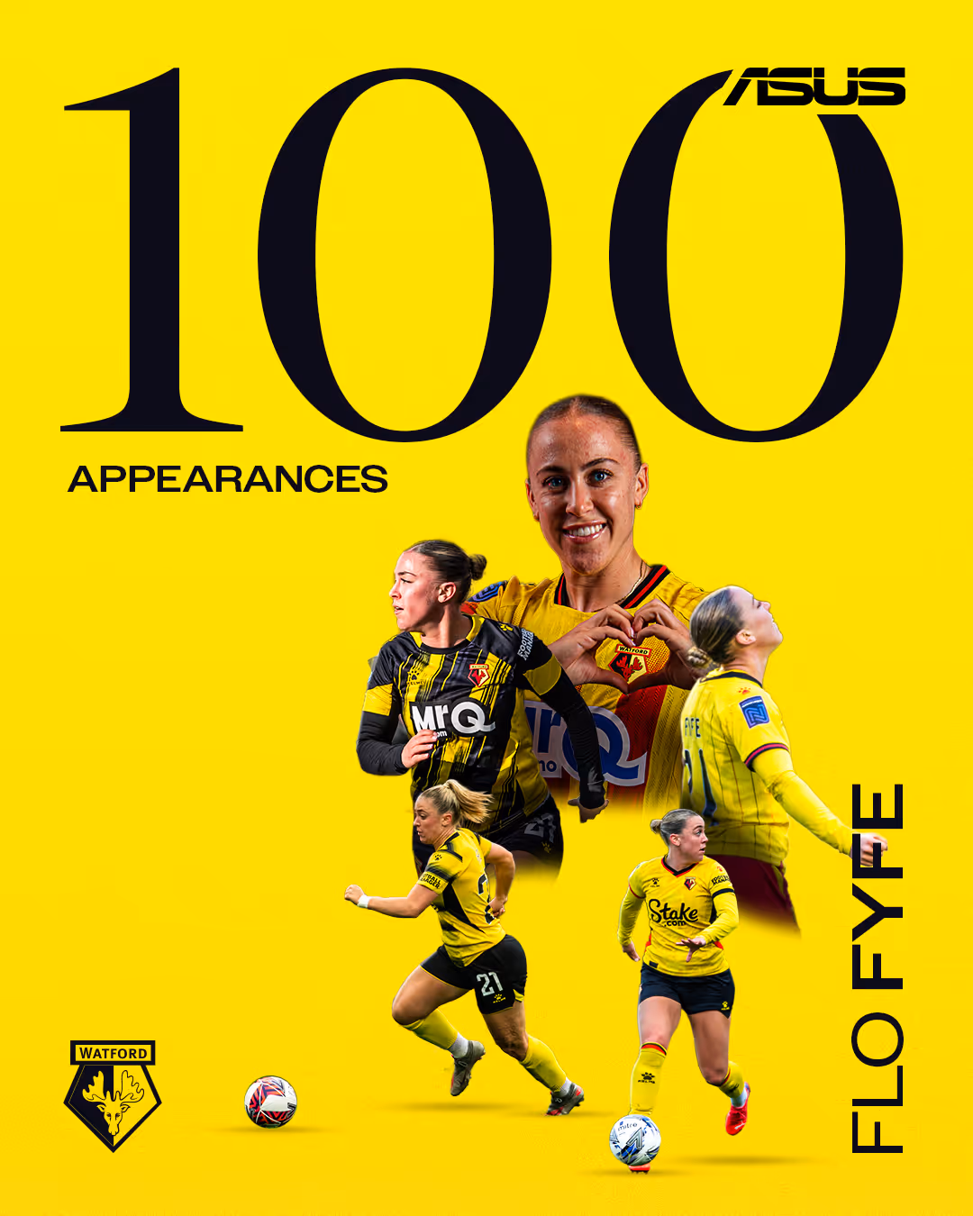 Collage of Watford football player Flo Fyfe in various action poses celebrating 100 appearances, on a yellow background with text and logos.