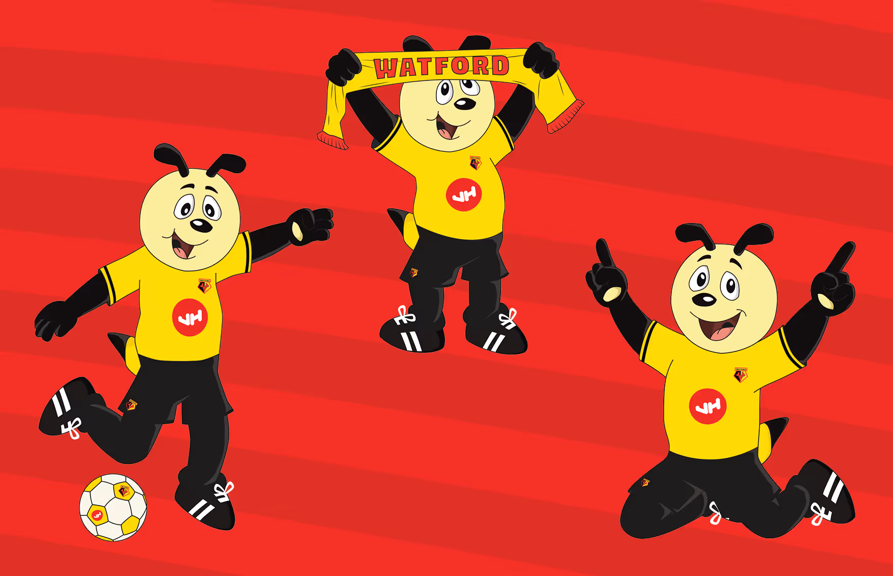 Three illustrations of Harry the Hornet wearing yellow Watford football jerseys on a red background, one holding a scarf, one kicking a football, and one celebrating.