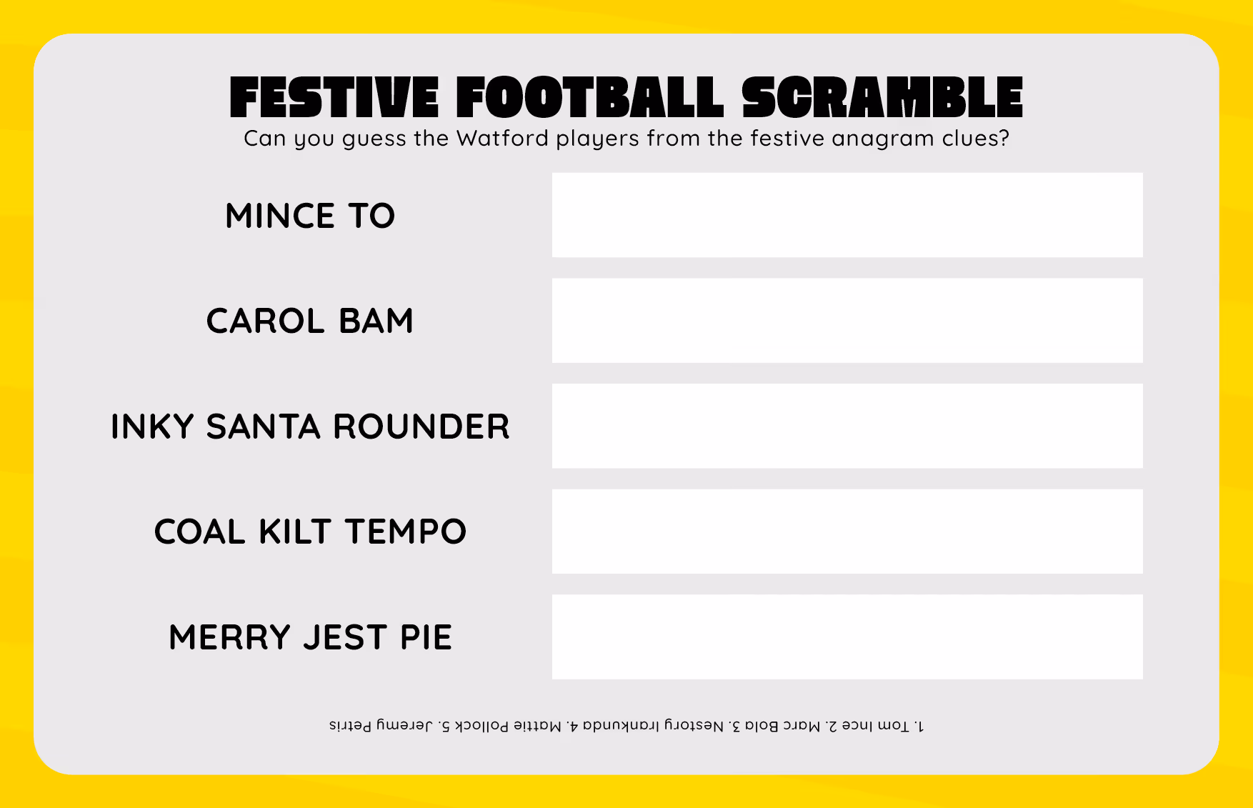 Festive football scramble guessing game with anagram clues for Watford players and answer spaces.