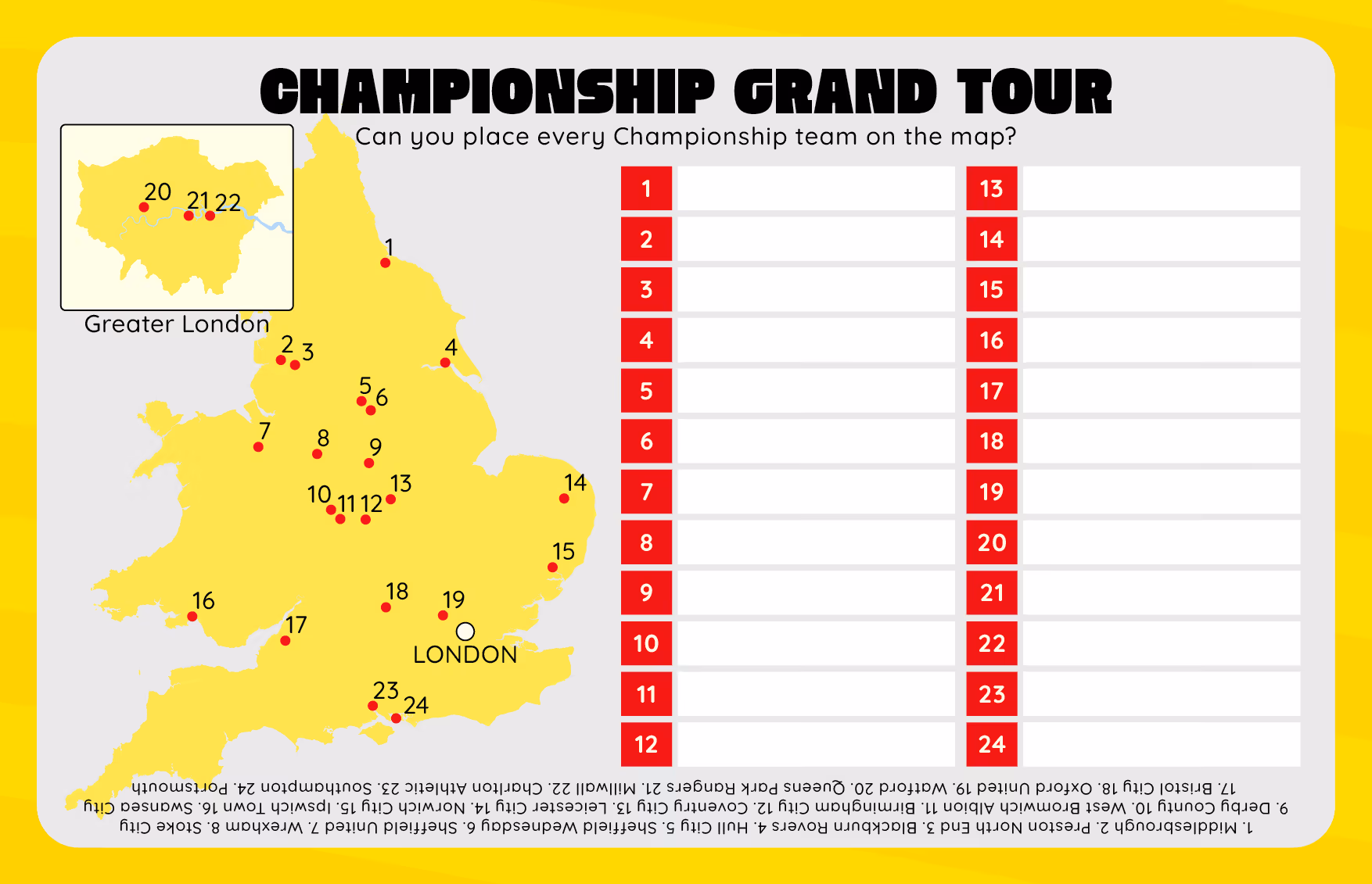 Map of England with 24 red dots marking Championship teams and a list to fill their names.