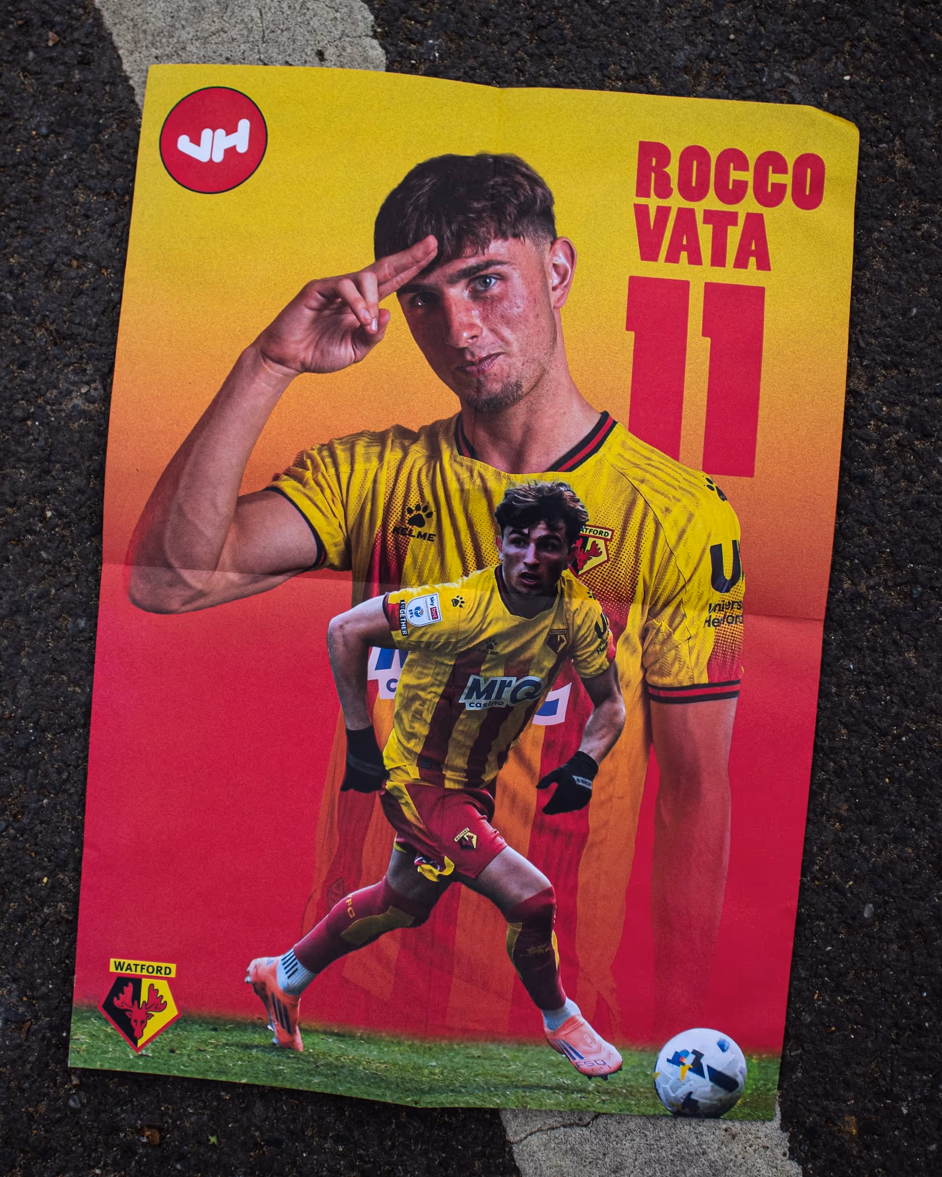 Football player Nathan Baxter in Watford goalkeeper jersey with gloves, smiling for a portrait card.