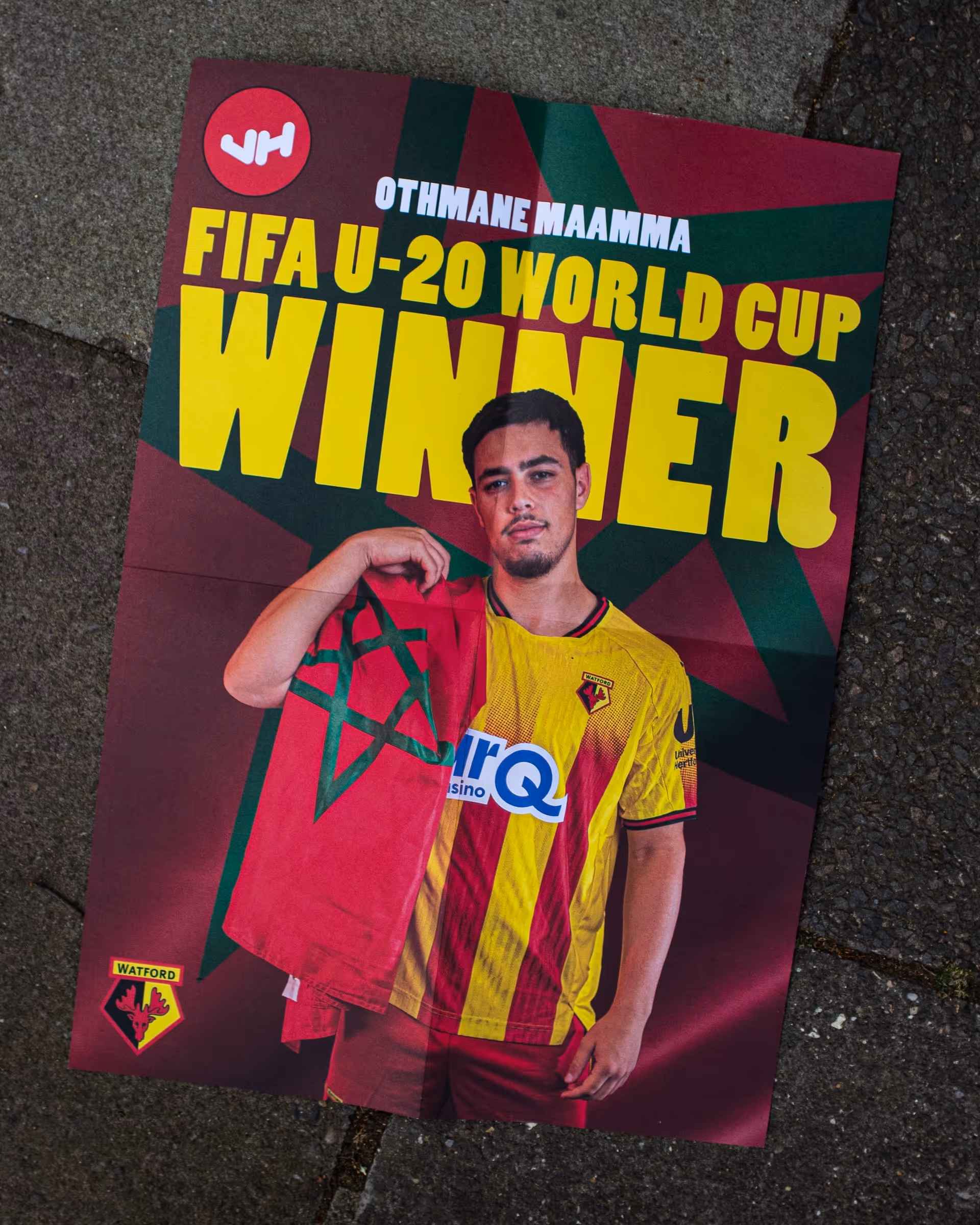 Poster of Othmane Maamma, FIFA U-20 World Cup winner, in Watford FC football jersey holding a Morocco flag.