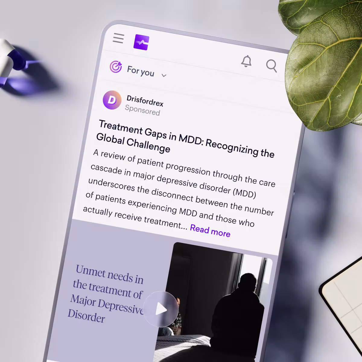 A mock company promotes their video on gaps in MDD on Sermo
