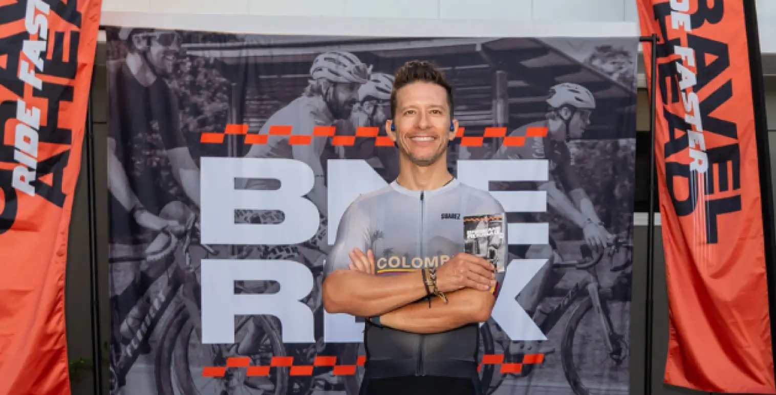 Cyclist posing at Brisbane Roubaix gravel race event entrance