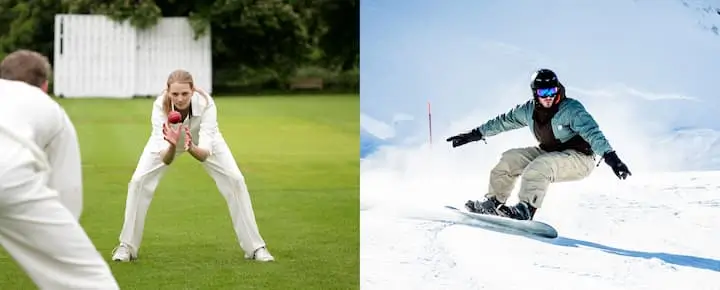 A split image comparing two sports: on the left, a cricket player in white attire is crouching in preparation to catch a ball during a match on a grassy field. On the right, a snowboarder in winter gear is carving down a snowy slope with a blue sky in the background.