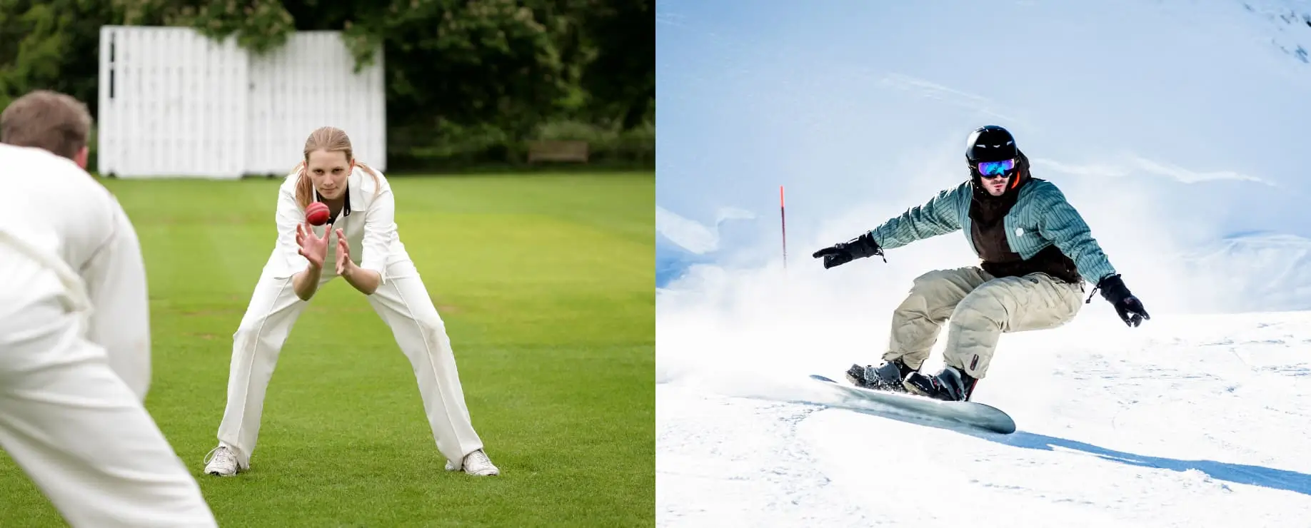 A split image comparing two sports: on the left, a cricket player in white attire is crouching in preparation to catch a ball during a match on a grassy field. On the right, a snowboarder in winter gear is carving down a snowy slope with a blue sky in the background.