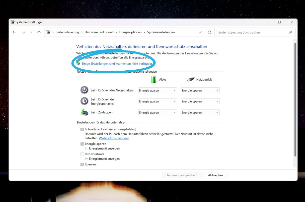 Verhalten des Netzschalters definieren Windows 11