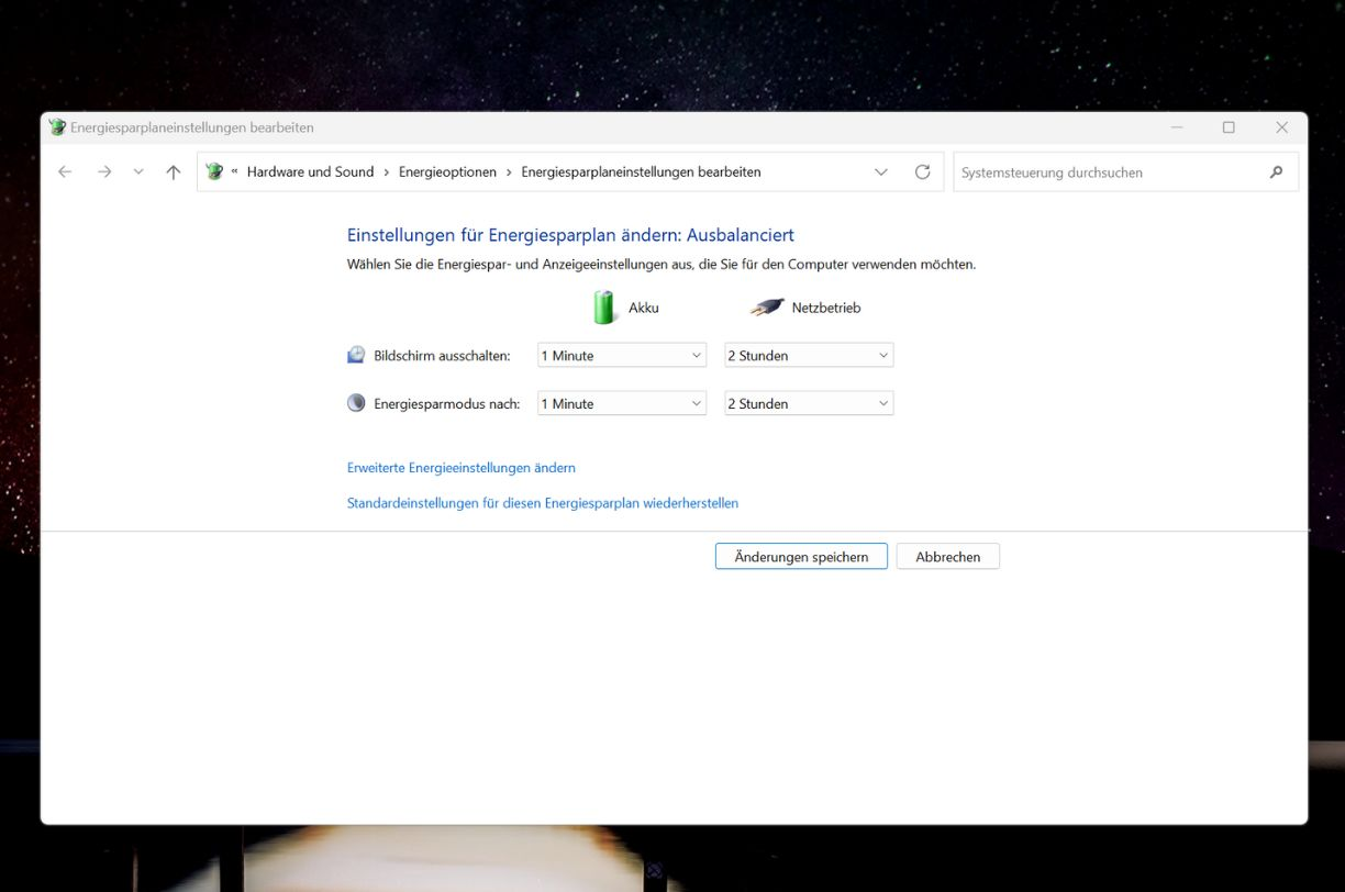 Einstellungen für Energiesparpläne in Windows 11 ändern.
