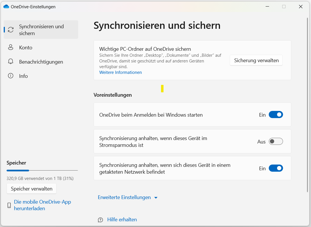 Einstellungen für 'Synchronisieren und sichern' in OneDrive