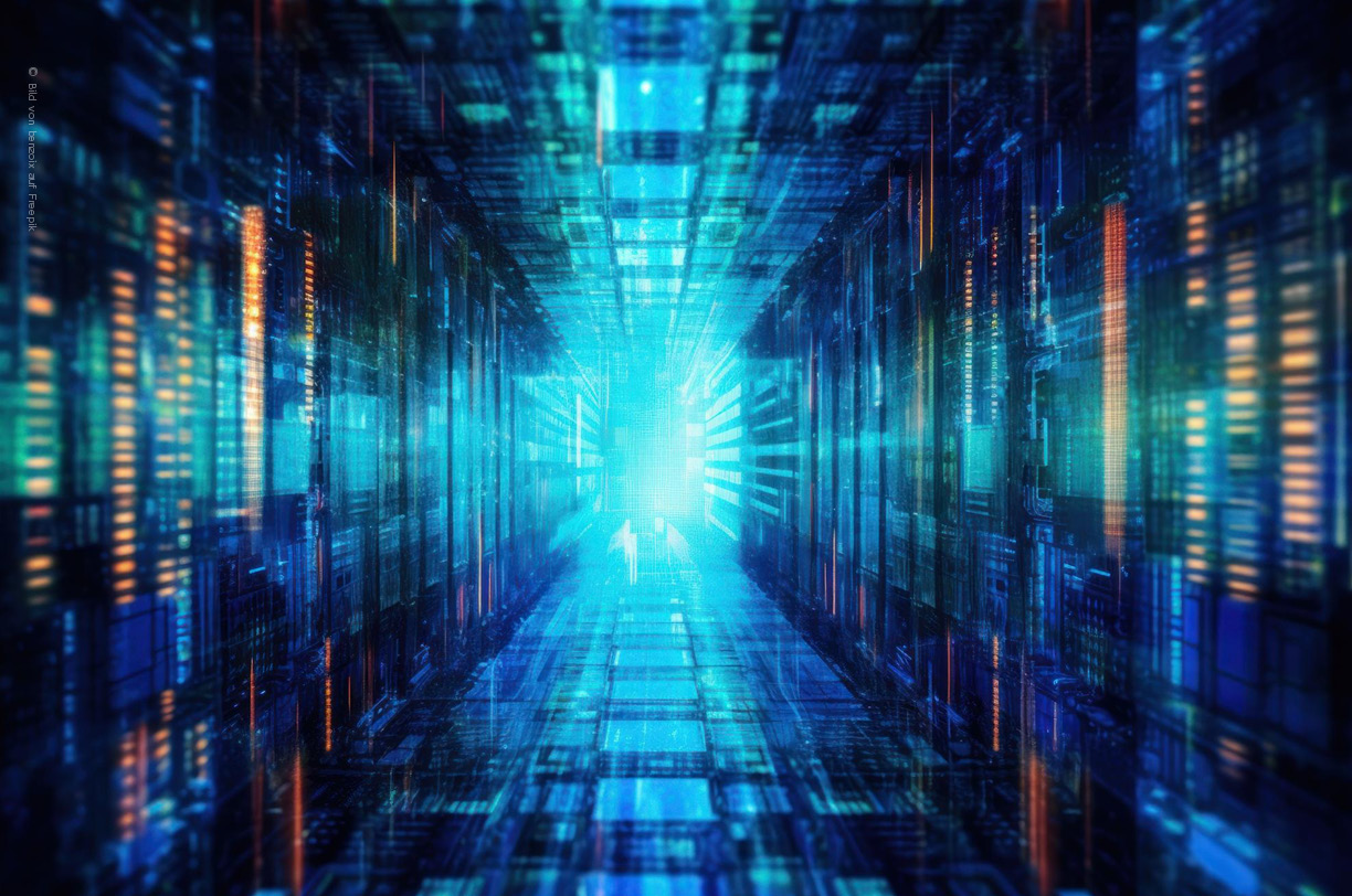 Ein Gang in einem Serverraum mit Servern auf der rechten und linken Servern. 