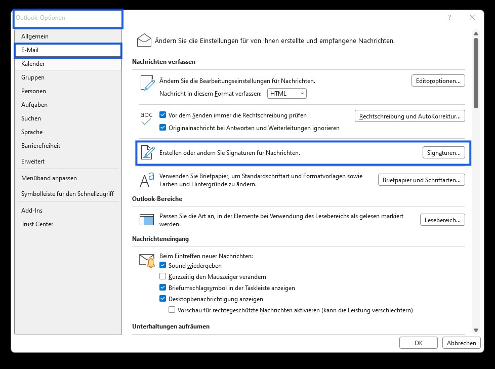 Outlook Signaturverwaltung öffnen über Datei Optionen E-Mail
