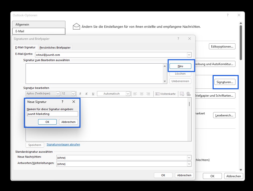 Neue Signatur in Outlook anlegen Namen vergeben.
