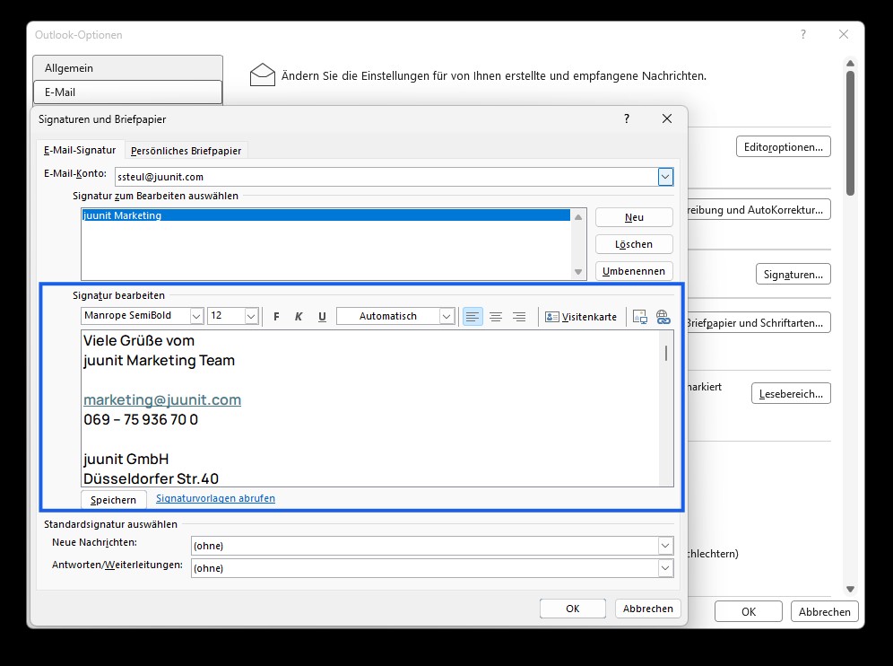 Outlook Signatur bearbeiten Text Inhalt eingeben Editor