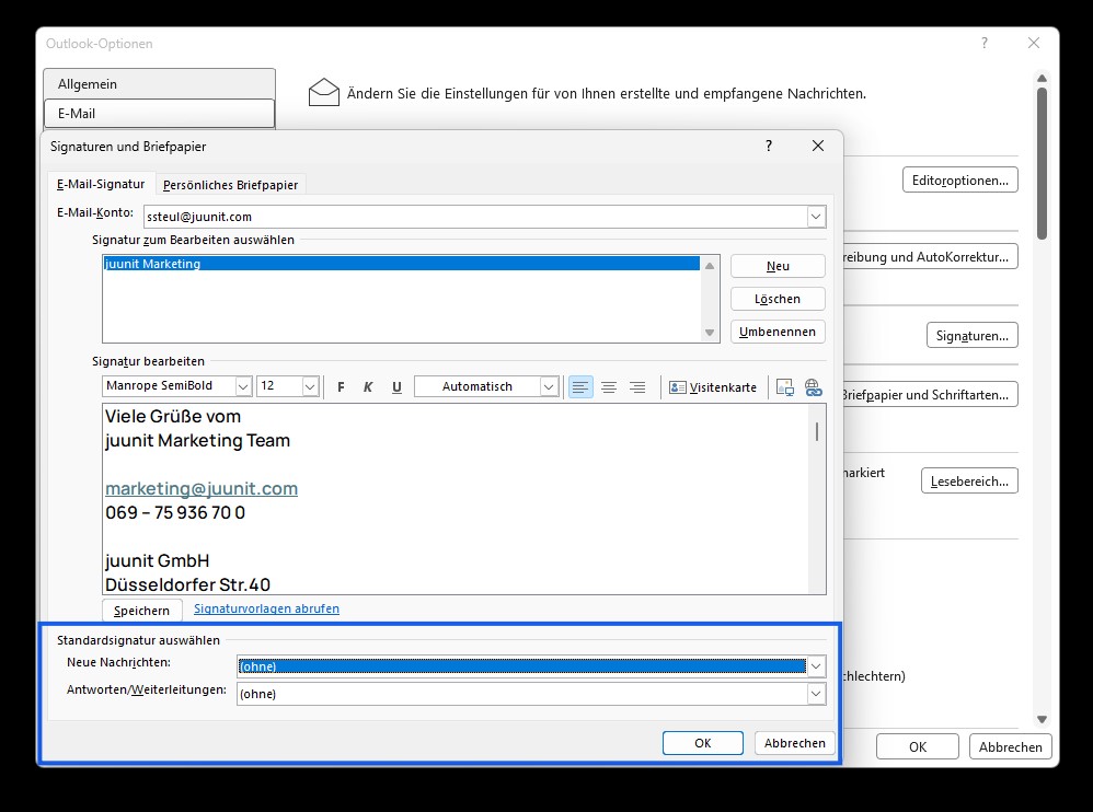 Outlook Signatur für neue Nachrichten und Antworten einrichten