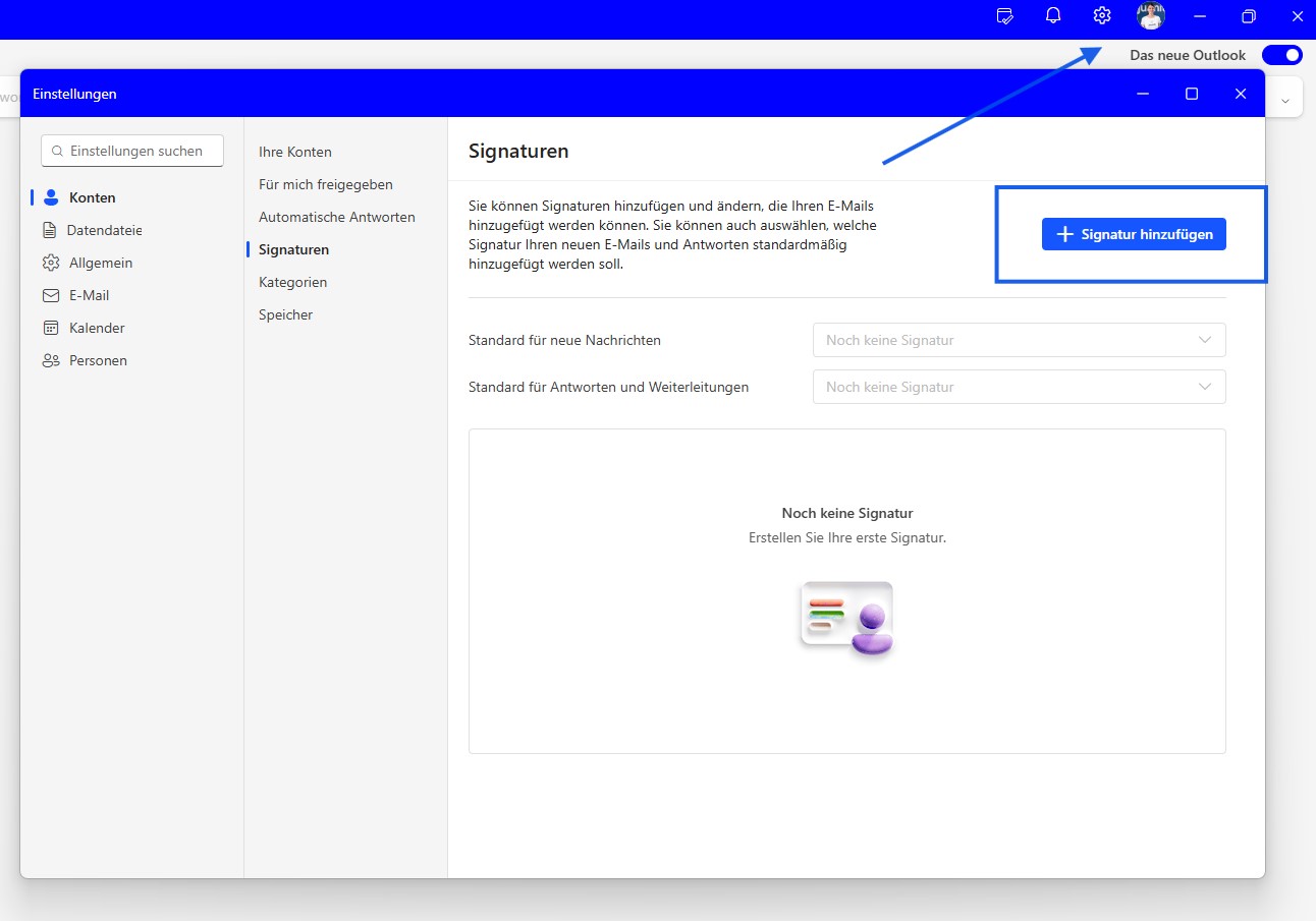Signatur im neuen Outlook erstellen Einstellungen Zahnrad