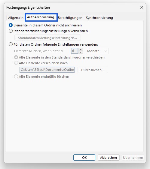 Outlook Ordner Eigenschaften Registerkarte AutoArchivierung Regel