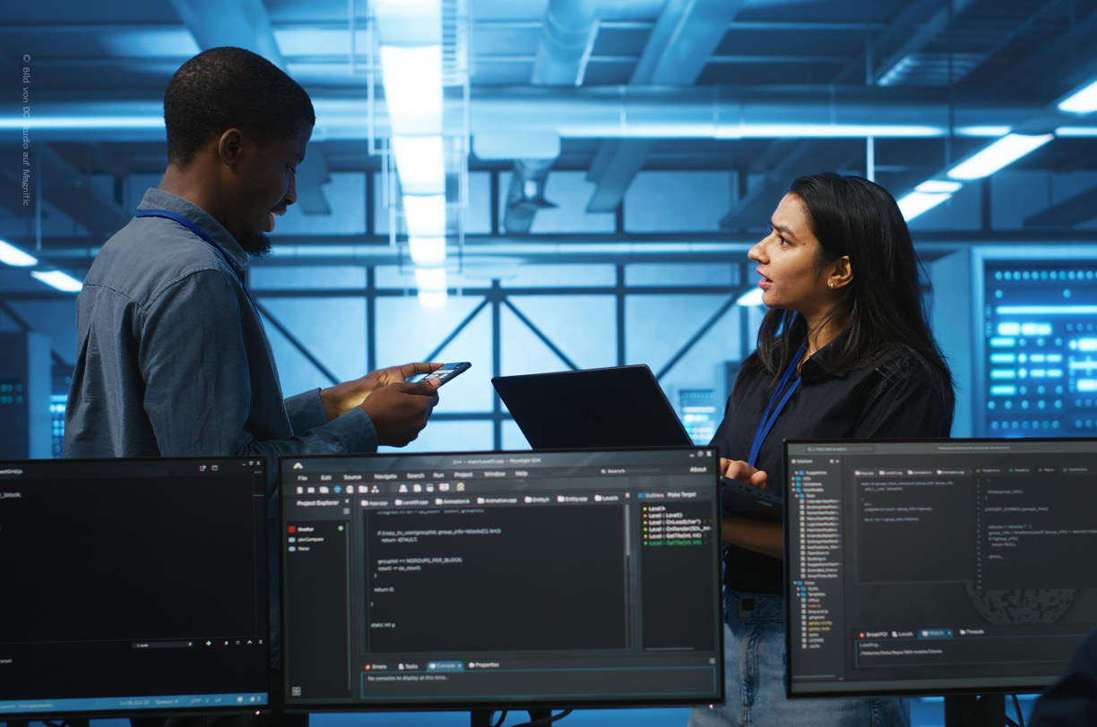 Ein Team aus IT-Fachleuten arbeitet konzentriert an Bildschirmen in einem Security Operations Center.