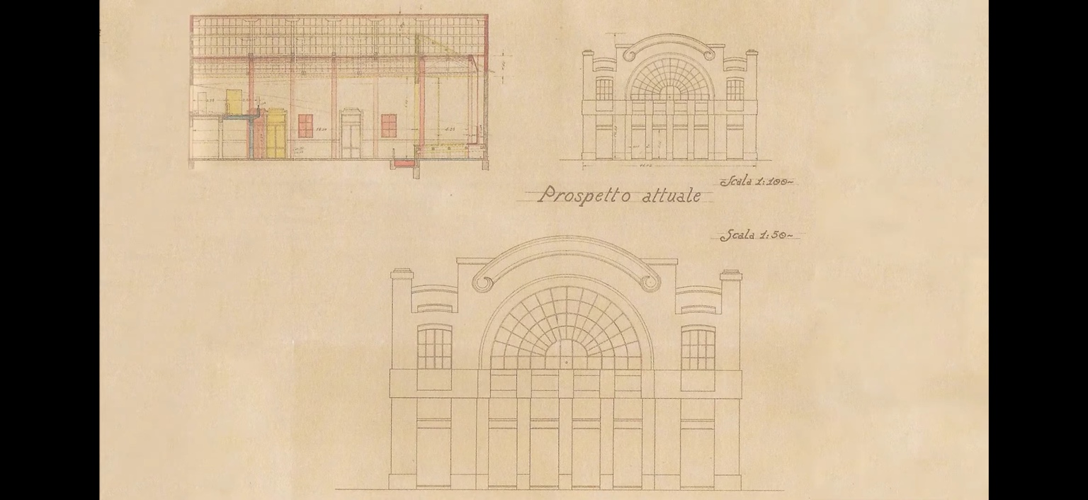 Disegno d’archivio del Cinema Italia di Montebelluna: sezione dell’edificio e prospetti della facciata