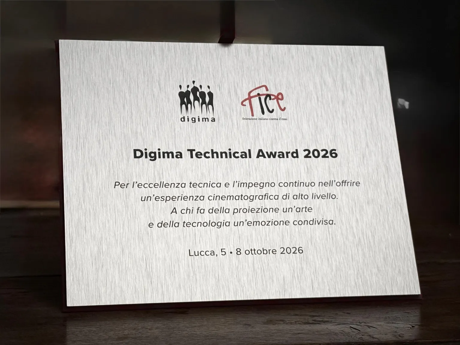 Targa Digima Technical Award 2026 per l’eccellenza tecnica e l’esperienza cinematografica, Lucca.