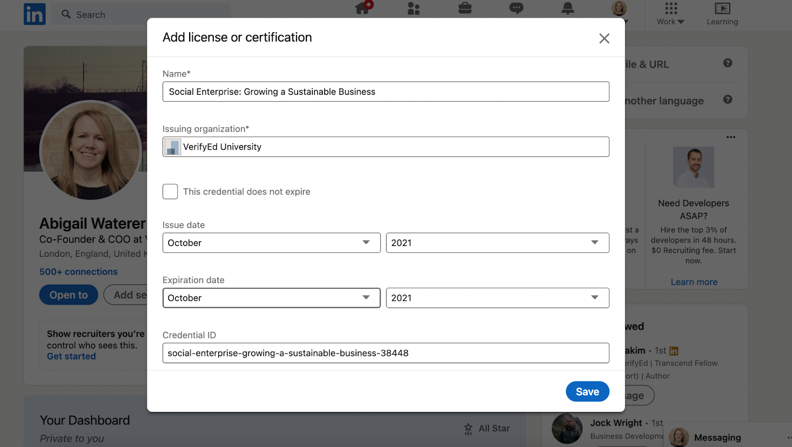 LinkedIn UI for adding a certification from VerifyEd