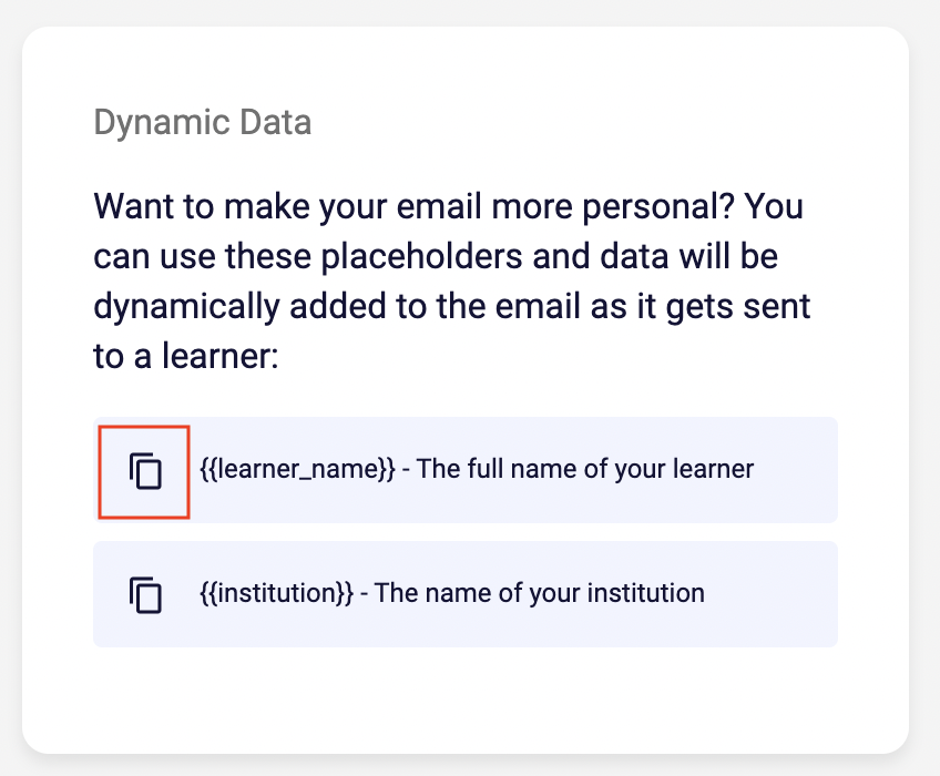 Dynamic data list with copy icon highlighted