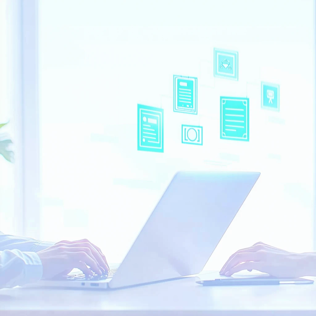 Image for Person typing with virtual award holograms