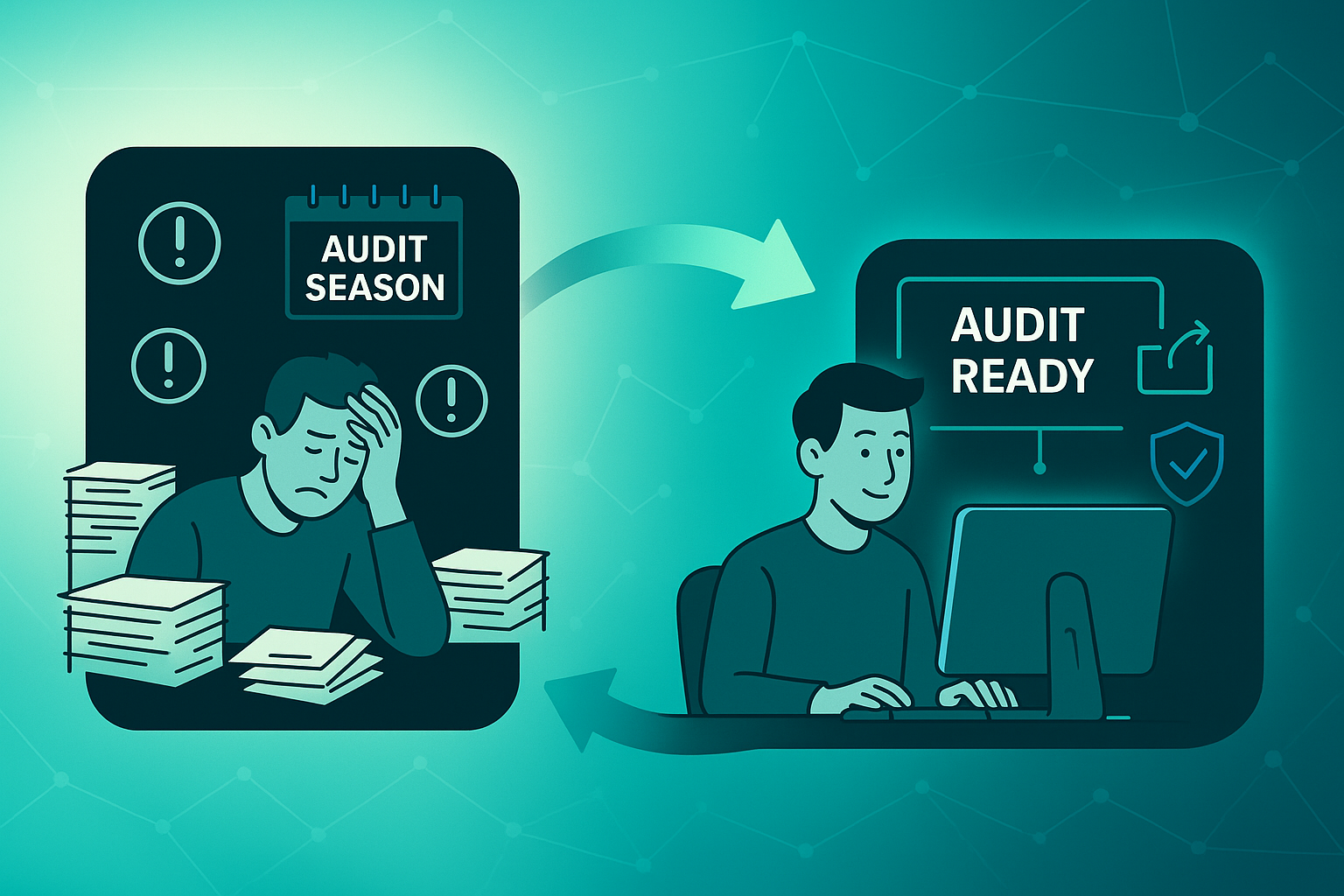 Infographic showing stressed admin with audit papers and errors, calm admin with 'Audit Ready' dashboard, connected by arrow.