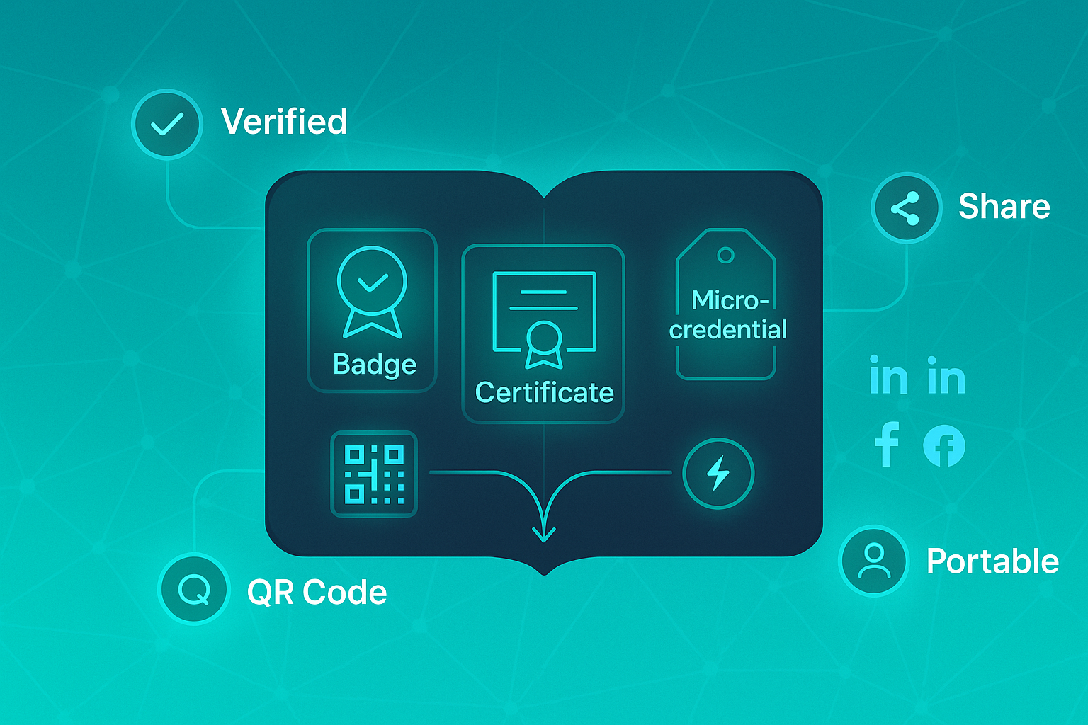 Infographic showing an open passport with digital badge, certificate, and micro-credential icons, network nodes, and verification symbols.