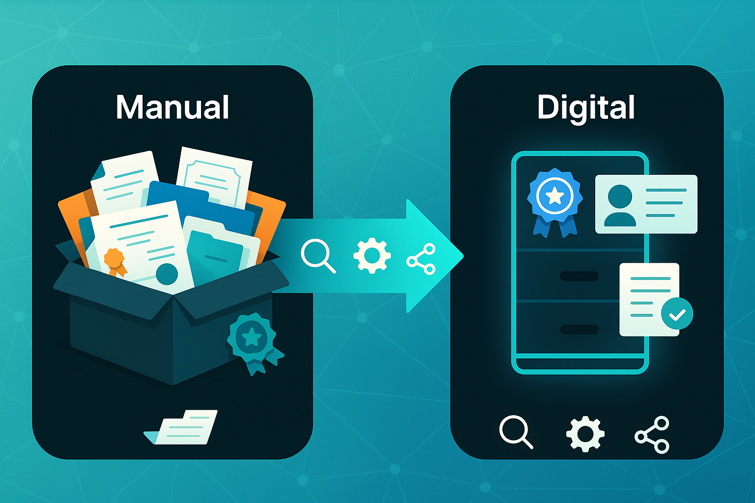 Infographic comparing manual paper credential storage to organized digital credential management, with icons for search, automation, and sharing.