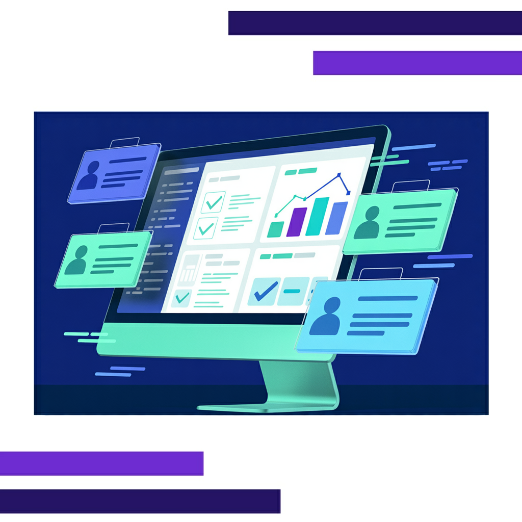 Computer monitor showing a colorful dashboard with charts and checklists, surrounded by floating ID cards and digital checkmarks.