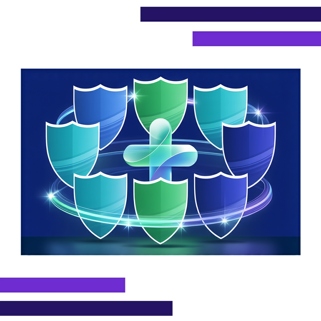 Seven interlocking shields in turquoise and blue encircle a glowing medical cross, symbolizing security and integration.