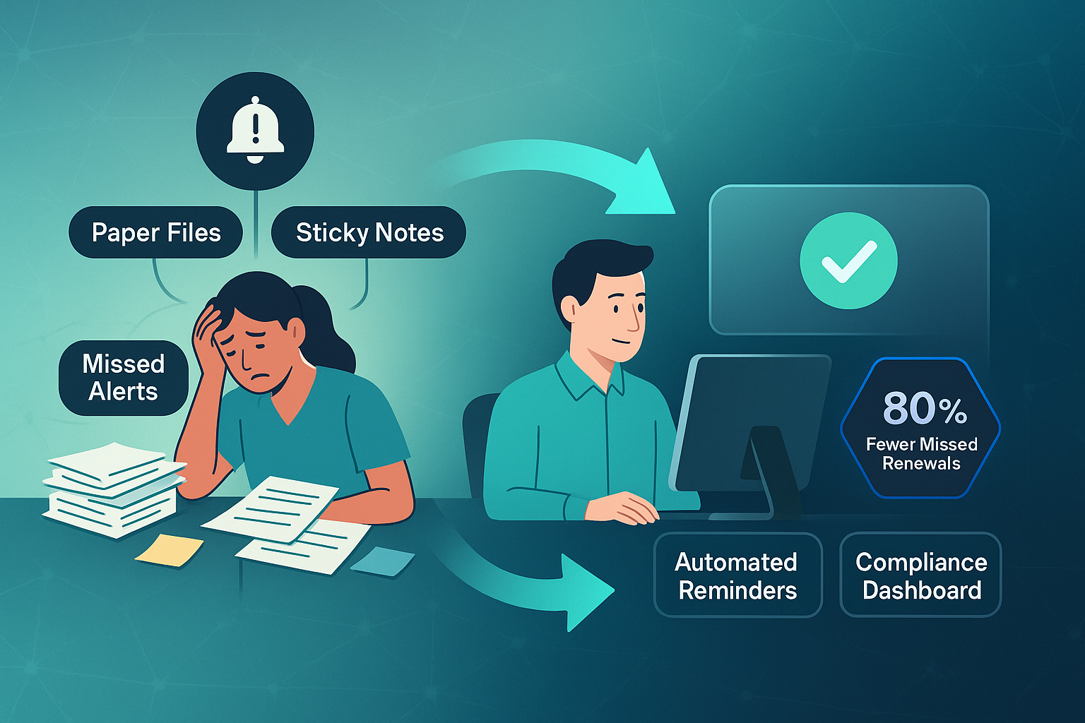 Infographic showing a stressed healthcare admin with paper files and alerts, transitioning to a calm admin using a digital compliance dashboard.