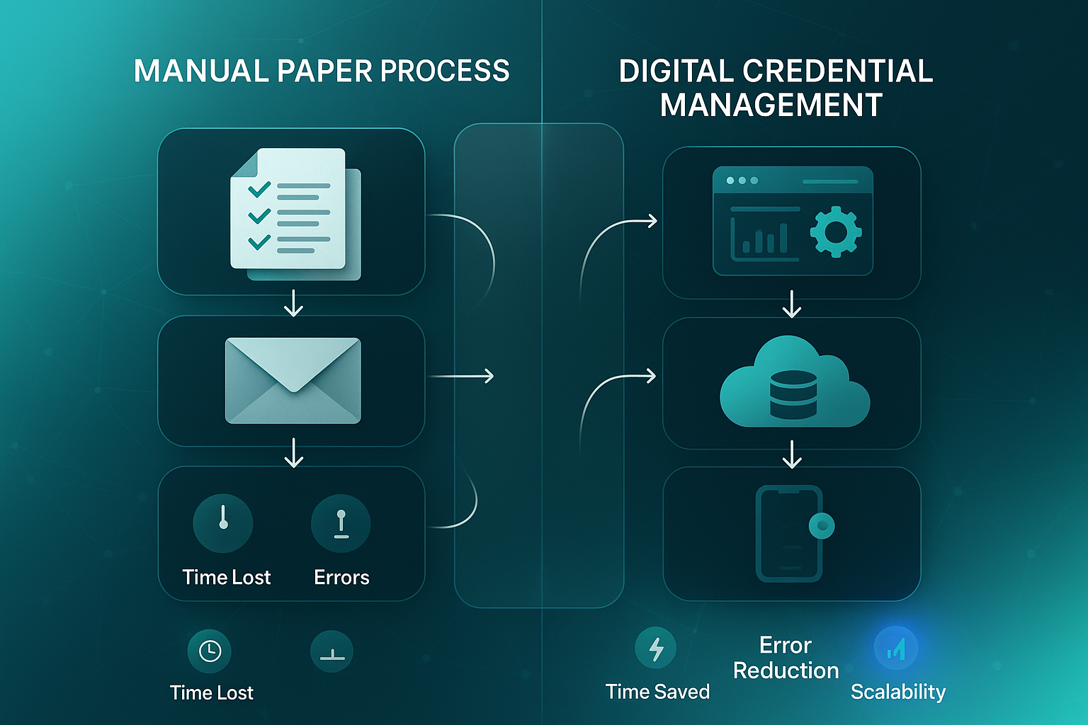 Infographic comparing manual paper workflow and digital credential management, with labeled icons and workflow arrows.