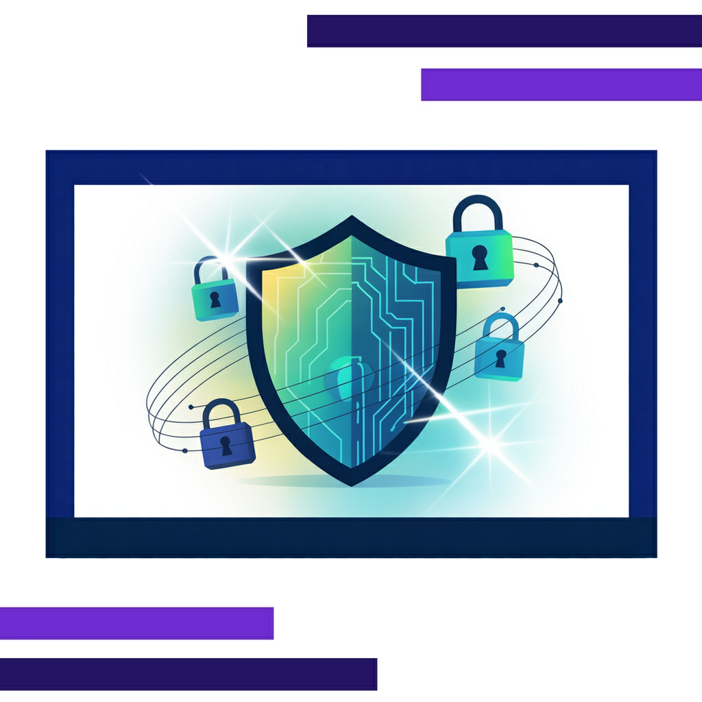 Glowing digital shield with orbiting padlock icons connected by white lines over a turquoise circuit board pattern