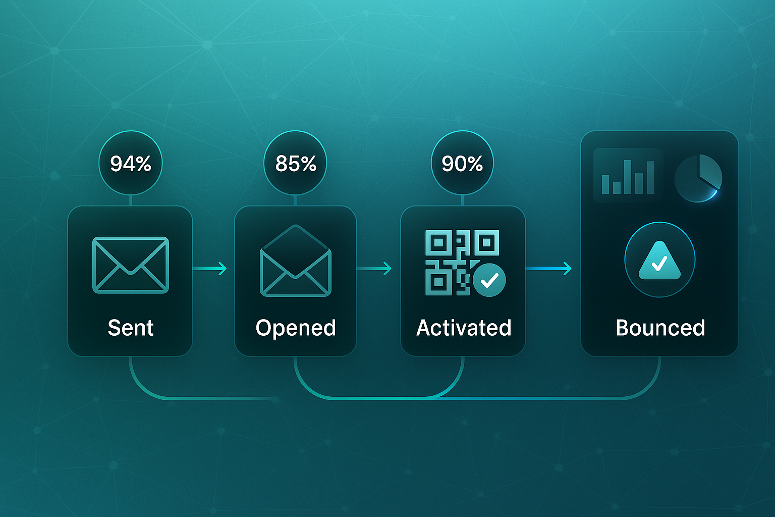 Infographic with a dark gradient background showing a four-step email flowchart with icons, percentages, and an analytics dashboard panel.