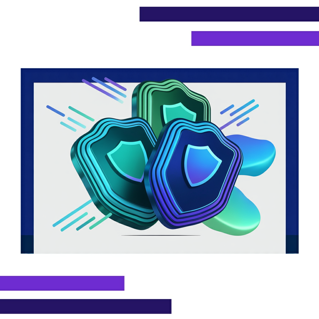 Cluster of layered digital badges with glowing security shield icons, interconnected by luminous turquoise and blue lines.