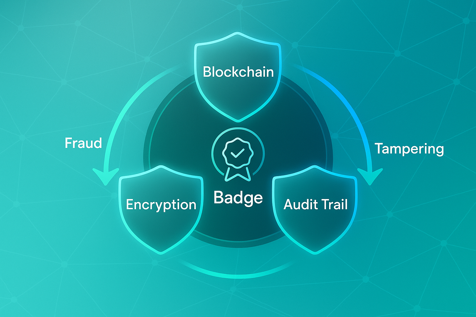 Infographic showing a central digital badge with protective shields labeled Encryption, Blockchain, and Audit Trail.