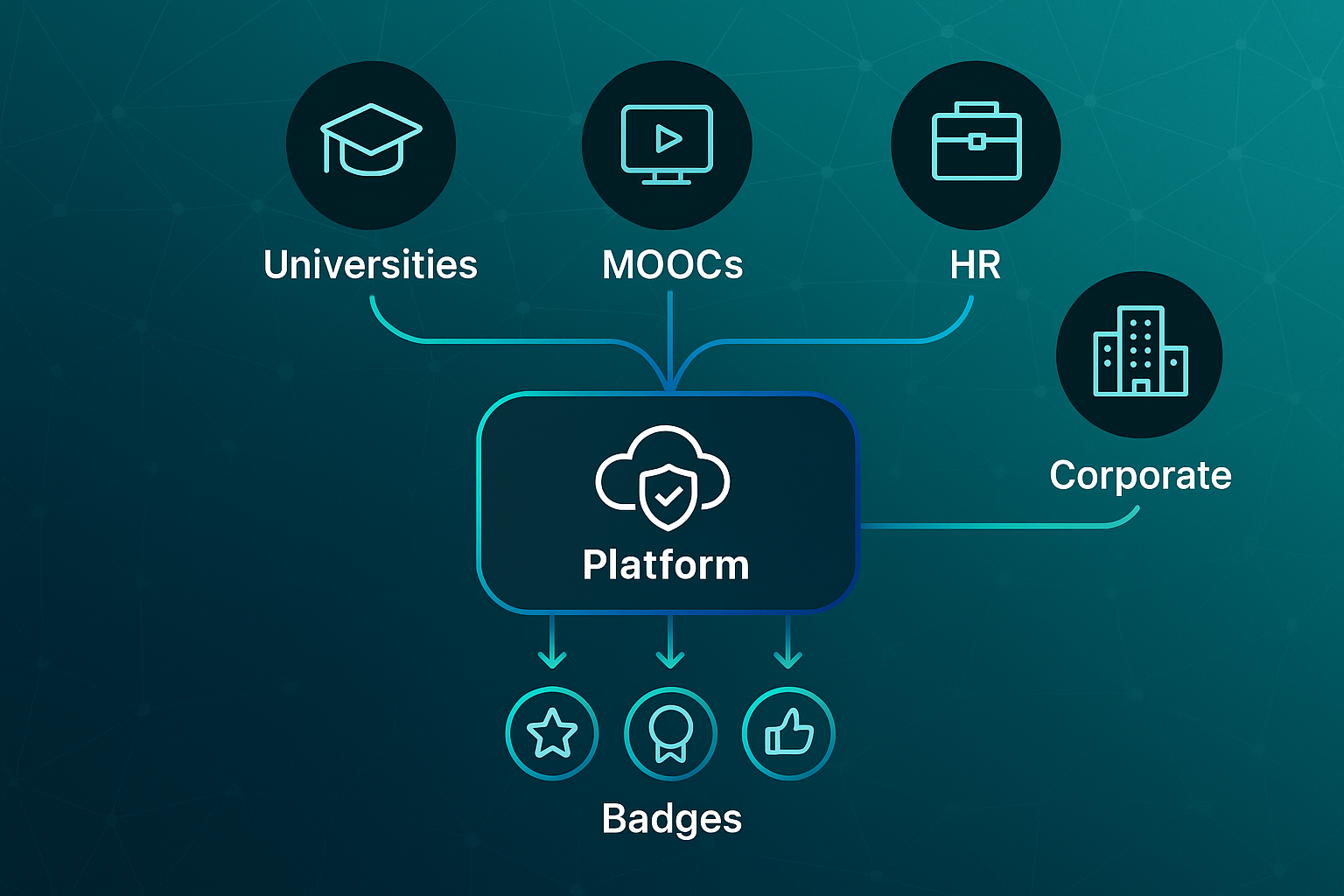 Infographic showing a central platform icon connected by arrows to user group icons and digital badge nodes on a dark gradient background.