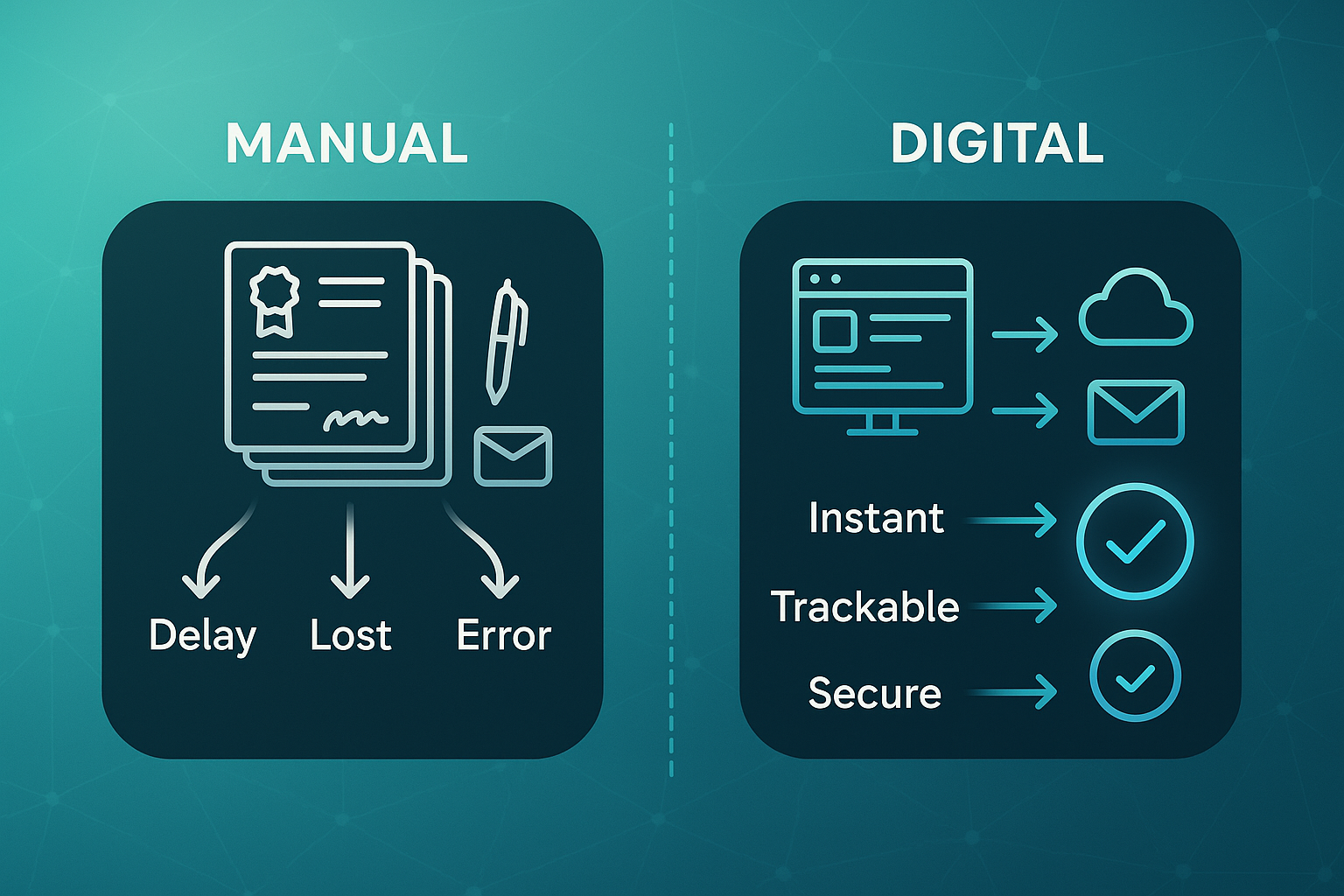 Infographic comparing manual certificate processing with delays and errors to digital verification with instant, trackable, secure features.
